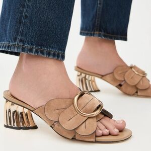 FARM Rio Floral Buckle Mules in Tan and Gold